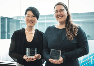 Liza Choi, left, and Elisabeth Richardson recognized with newcomers awards.