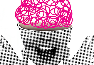 A collage showing the bottom half of a face and pink squiggly lines where the brain would be.