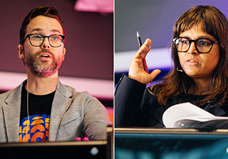 Journalists Max Fawcett, left, and Rupa Subramanya debated the future of CBC.